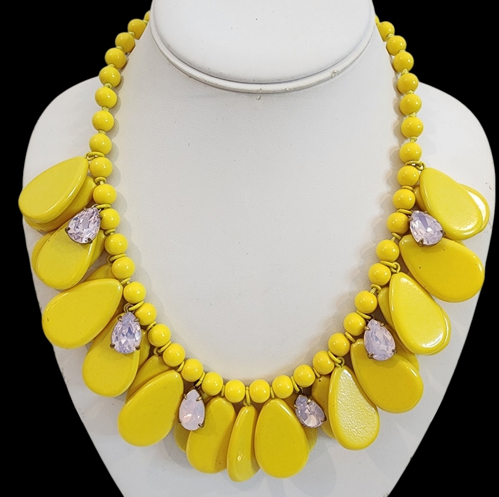 Vintage J. Crew statement necklace yellow teardrops pink rhinestones chunkyA0266 - Picture 1 of 13